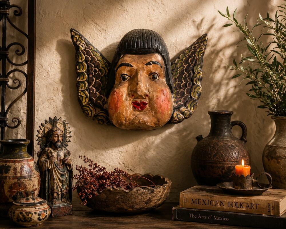 Vtg Guerrero Mexico Cacheton Winged Angel Carved Wood Folk Art Cherub Wall
